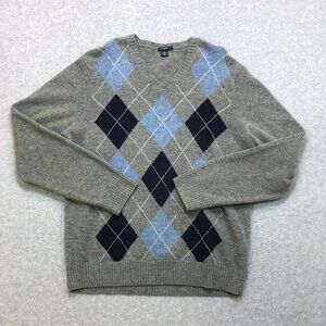J Crew Sweater Mens Large Grey Argyle 100% Lambs Wool Preppy Long Sleeve Outdoor